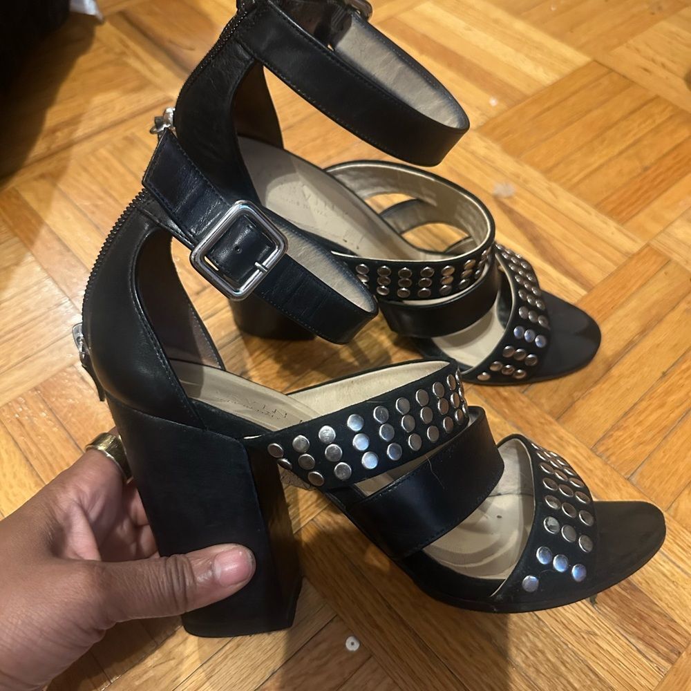 Marvin K Black Strappy Heeled Sandals with Silver Studs